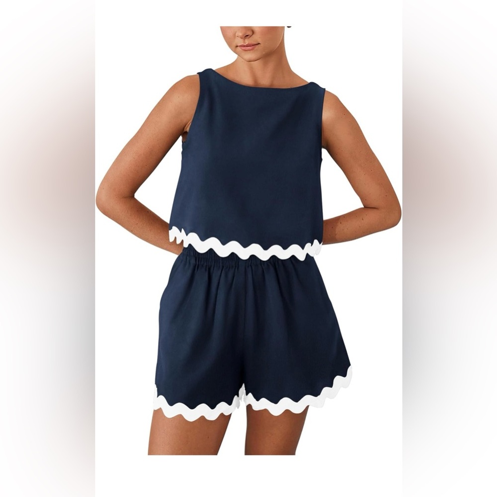 Women Navy and White Trim Shorts Set